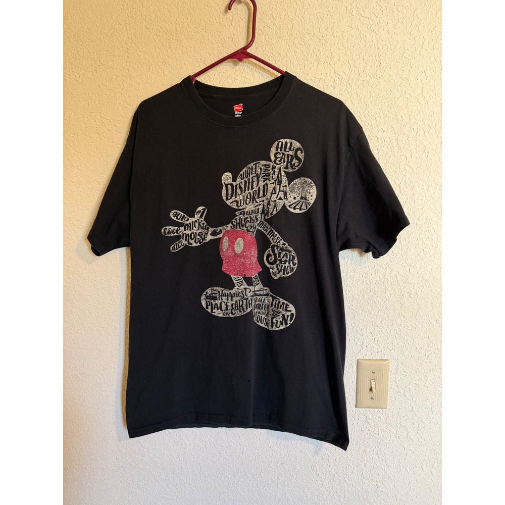 Disney Parks Mickey Mouse Typography Graphic T-Shirt Black Hanes Large L